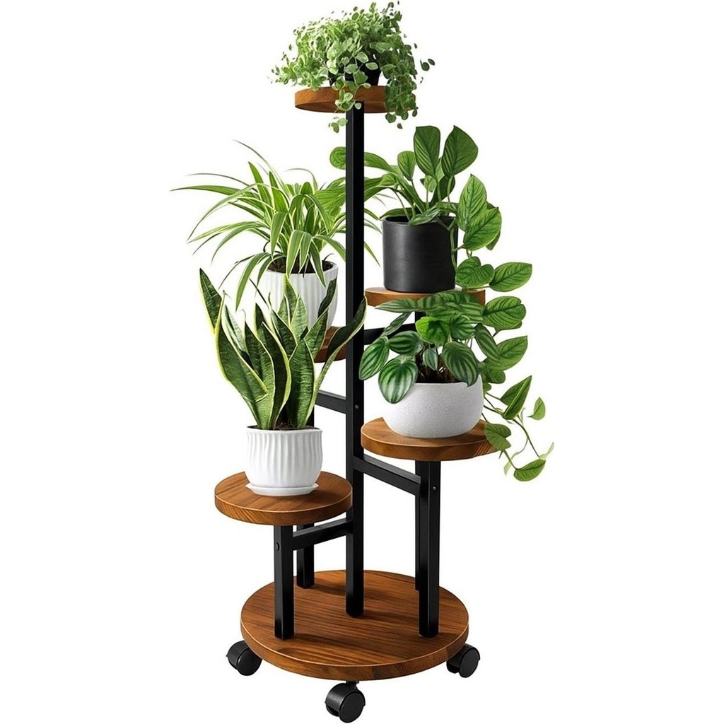 Tekerlekli Metal Çiçeklik 5 Raflı Saksılık Dekoratif 5 Raflı Çiçeklik Metal Doğal Ahşap Saksılık Çiçek Rafı Daire Model - Siyah Saksı ve Aksesuarları Fiyatı