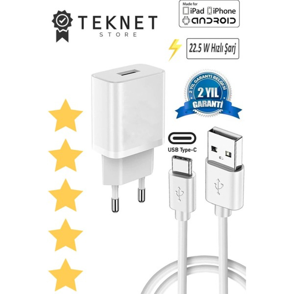 TEKNET Samsung Galaxy Uyumlu Type-C Şarz Aleti 3.4 A 22W Data Aktarım Kablosu ve Adaptör Hızlı Şarj Cihazı - Beyaz Cep Telefonu Şarj Cihazı Fiyatı