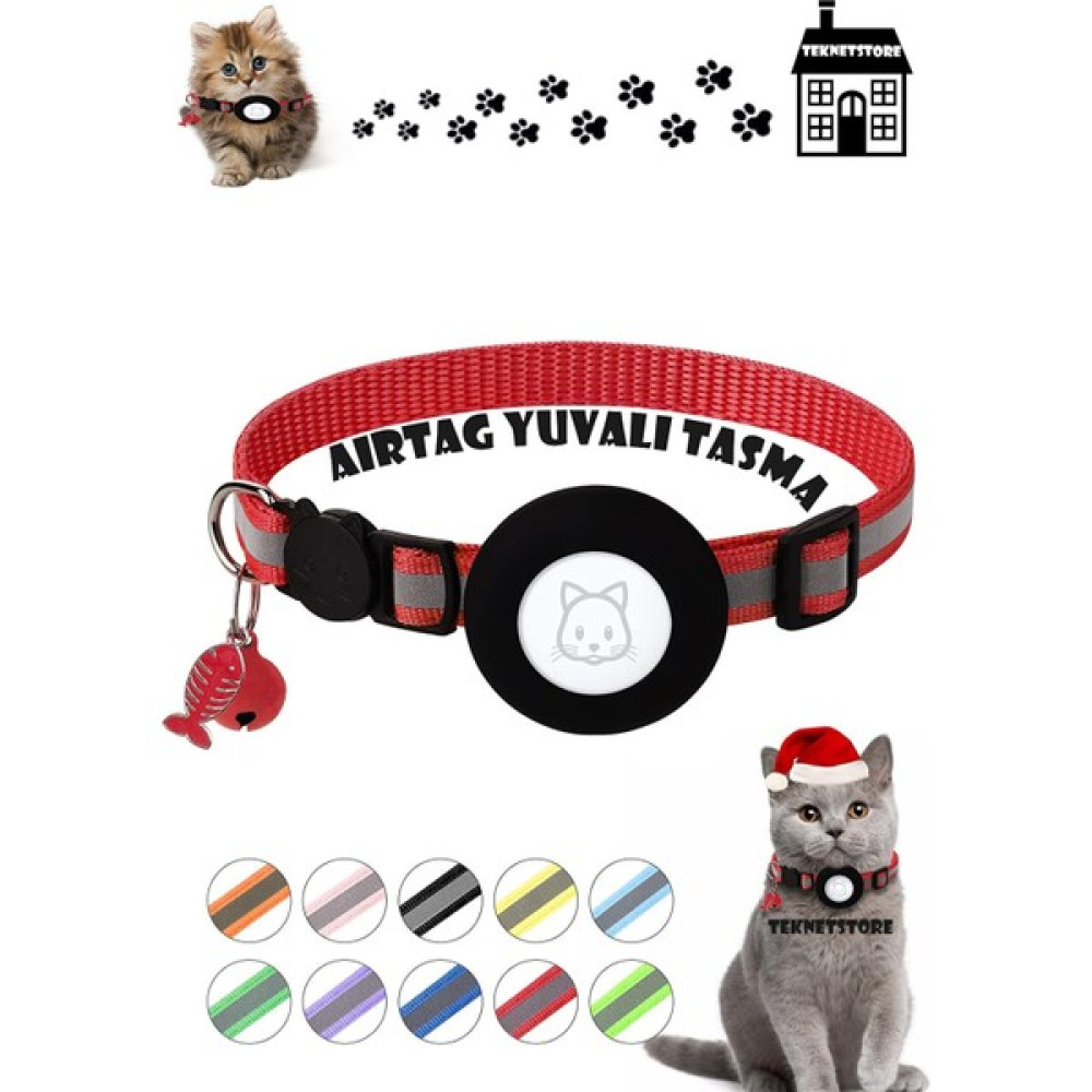 TEKNETSTORE Kedi Tasması Airtag Yuvalı Kilitli Güvenlik Aparatı Airtag Kılıfı ve Zil Boyun Tasması Gps - Kırmızı Evcil Hayvan Ürünleri Fiyatı