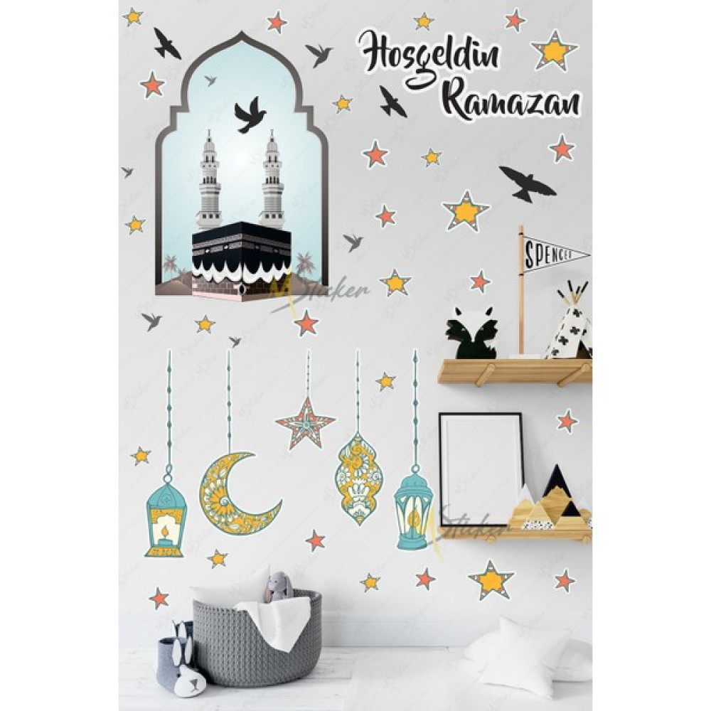 Tekno Trust Çok Renkli Hoşgeldin Ramazan Cam Duvar Sticker, Kabe Kuşlar ve Fener Figürlü Duvar Cam Sticker Rama - 0 Poster Fiyatı