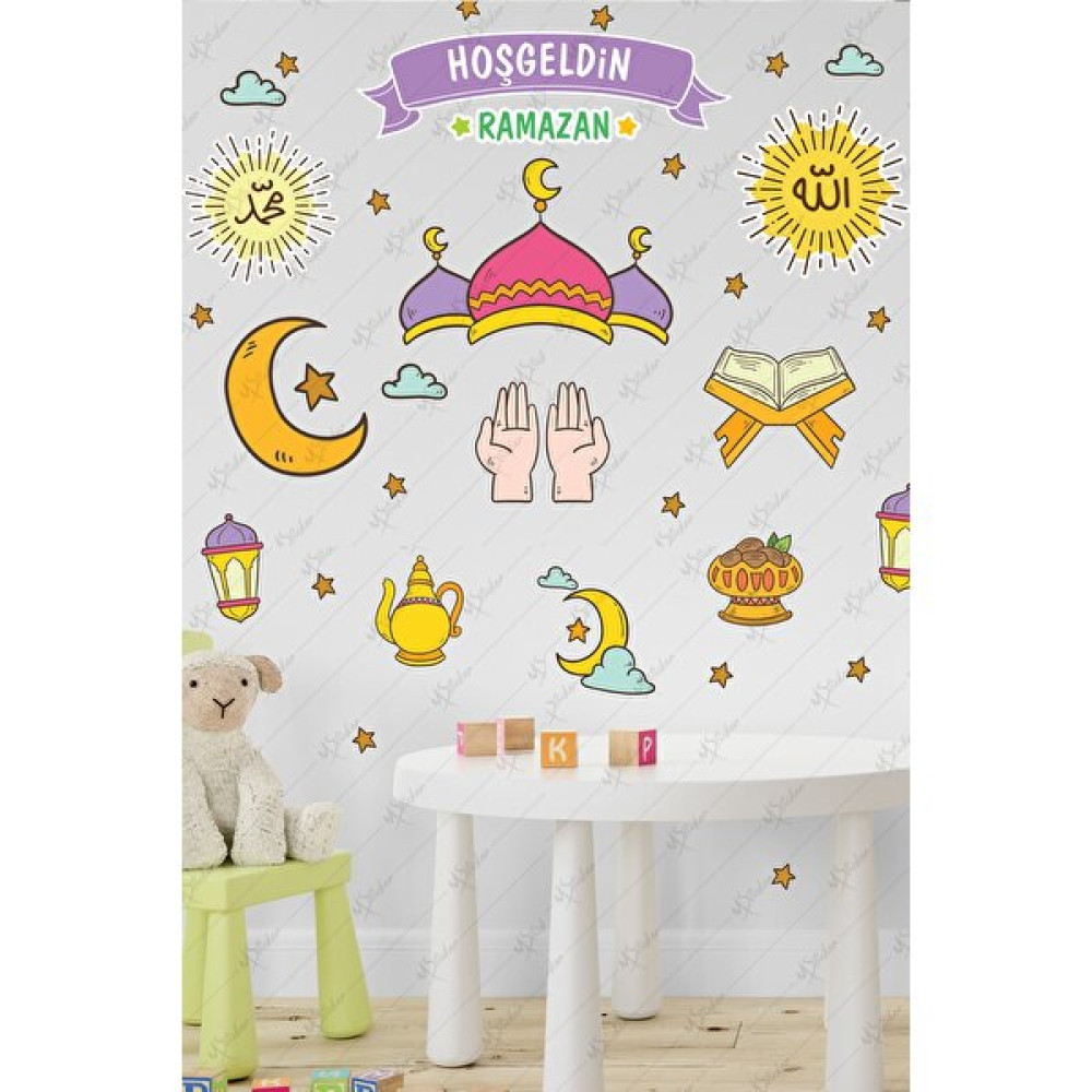 Tekno Trust Çok Renkli Hoşgeldin Ramazan Dua Cami Ay Fener Figürleri Cam Duvar Dekorasyon Sticker Seti Ramazan - 1 x 5 cm - 118 x 56 cm Duvar Stickerı Fiyatı