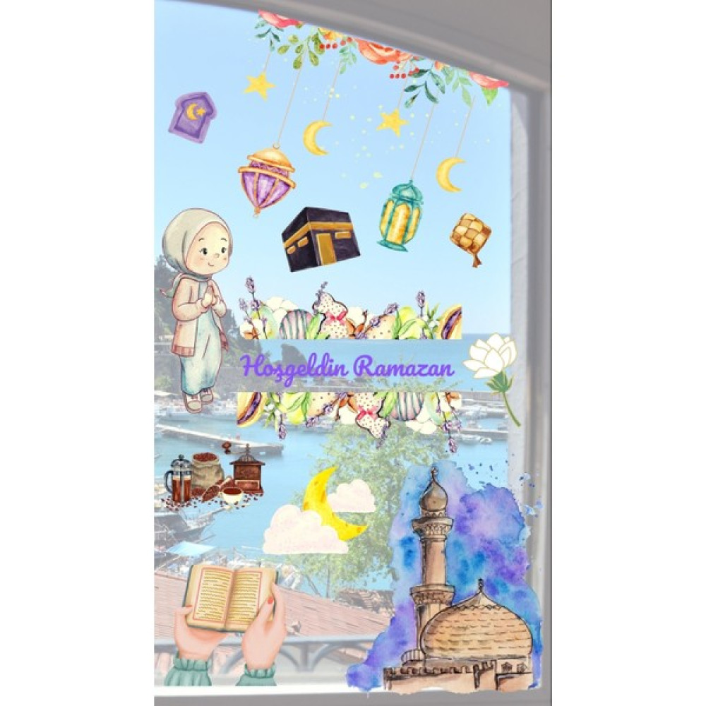 Tekno Trust Çok Renkli Ramazan Duvar Cam Sticker Sulu Boya Hoşgeldin Ramazan Çiçekli Dekoratif Kabe Cami - 1 x 5 cm - 118 x 56 cm Duvar Stickerı Fiyatı