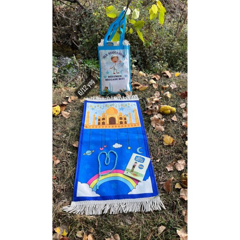 Tekno Trust Mavi Büyük Boy Çantalı Namaz Dua Ibadet Çocuk Seccade Namazlık seti 6-12 Yaş Süet Süet Örgü Saçak P - 10 x 70 cm Seccade Fiyatı