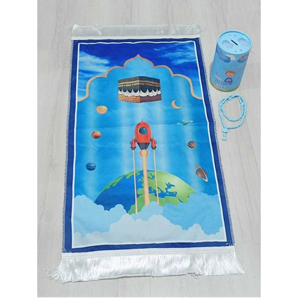 Tekno Trust Mavi Kutulu Çocuk Seccade Seti Ilk Namaz Setim Polyester Düz Saçak - 10 x 70 cm Seccade Fiyatı