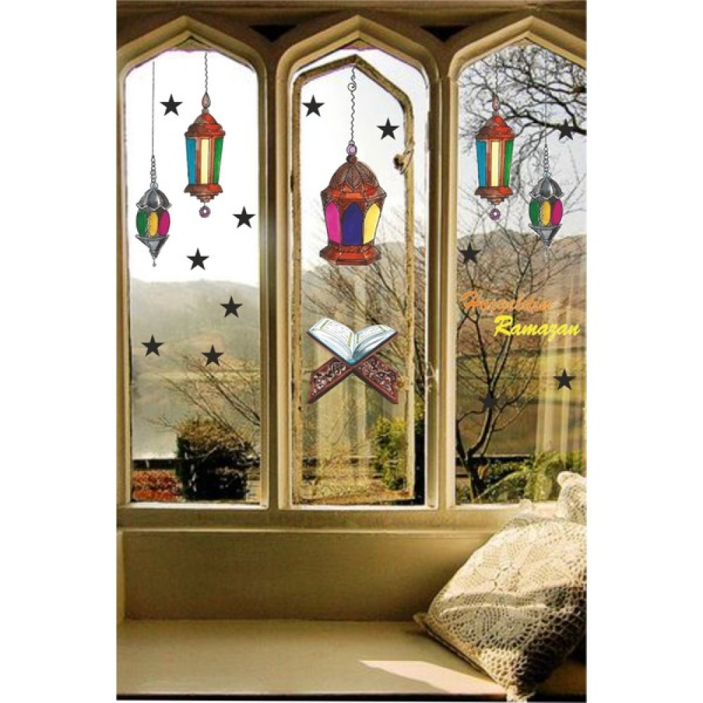 Tekno Trust Salon / Oturma Odası Ramazan Temalı Renkli Fenerler Yıldızlar Hoşgeldin Yazısı Duvar Cam Pencere Ka - 1 x 5 cm - 118 x 56 cm Duvar Stickerı Fiyatı