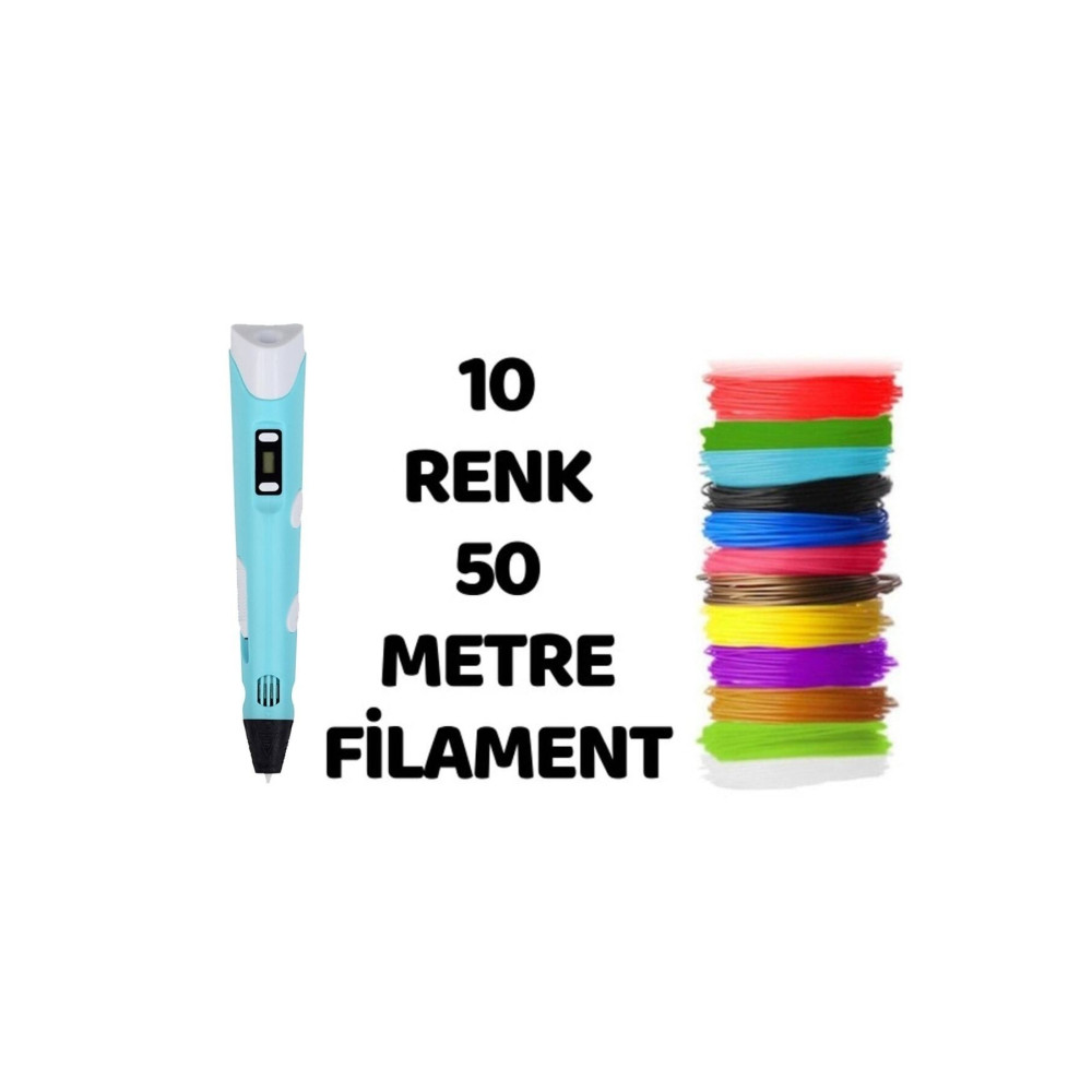Teknoartshop Mavi 3d Pen Üç Boyutlu Kalem 5 Metre 10 Adet Filement Ve Adaptor Ile Birlikte (50 Metre Teknik Çizim ve Grafik Kalemi Fiyatı