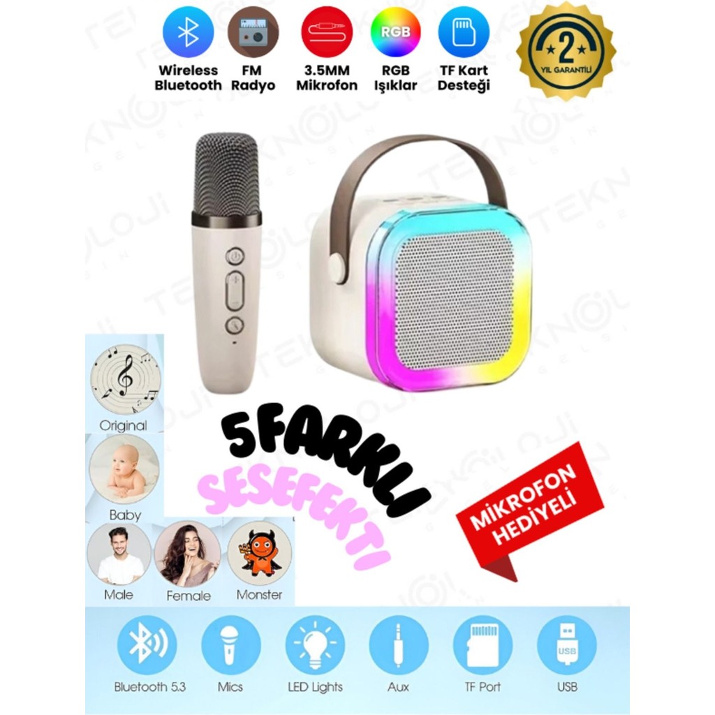 Teknoloji Gelsin K12 Kablosuz Bluetooth Hoparlör Karaoke Mikrofon 5 Ses Efektli Rgb Hd Stereo ?Es Usb/Sd/Fm - Bej Bluetooth Hoparlör Fiyatı