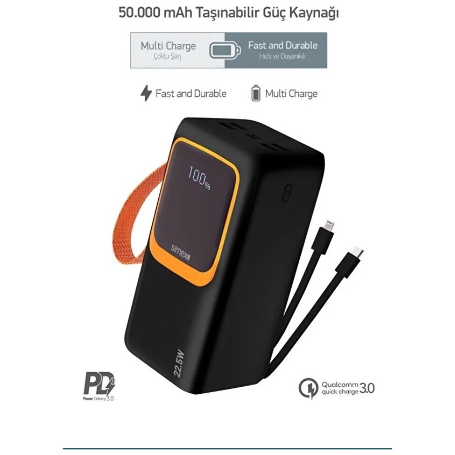 Teknoparkta Simex 50.000 Mah Powerbank 50000 Mah Pd Fenerli Hızlı Şarj Kablolu Taşınabilir Şarj Cihazı Type C - Siyah Bilgisayar Çevirici ve Adaptörü Fiyatı