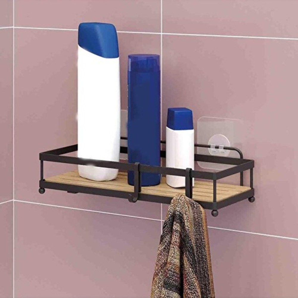 Teknotel Ahşap Görünümlü Kancalı Banyo Duş Rafı - Siyah Banyo Rafı Fiyatı