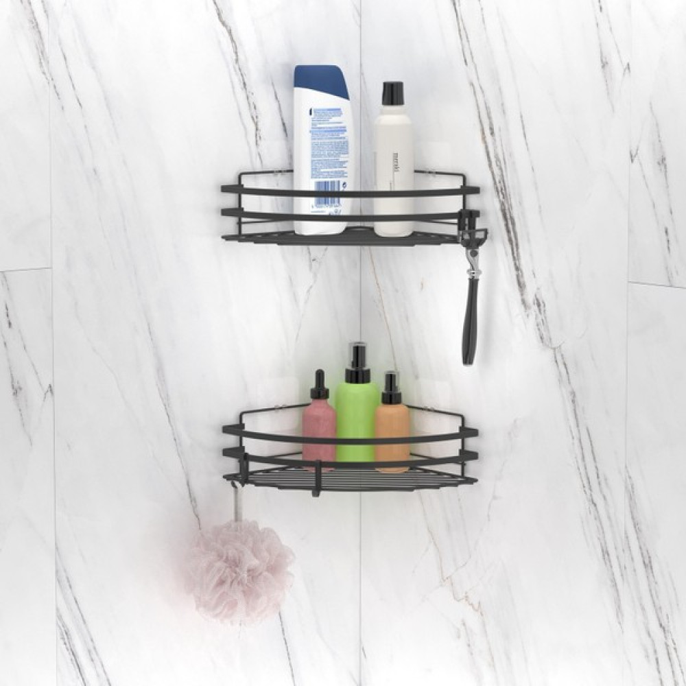 Teknotel ST207H Yapışkanlı Kancalı Banyo Köşe Rafı Mat Siyah 2'li Banyo Rafı Fiyatı