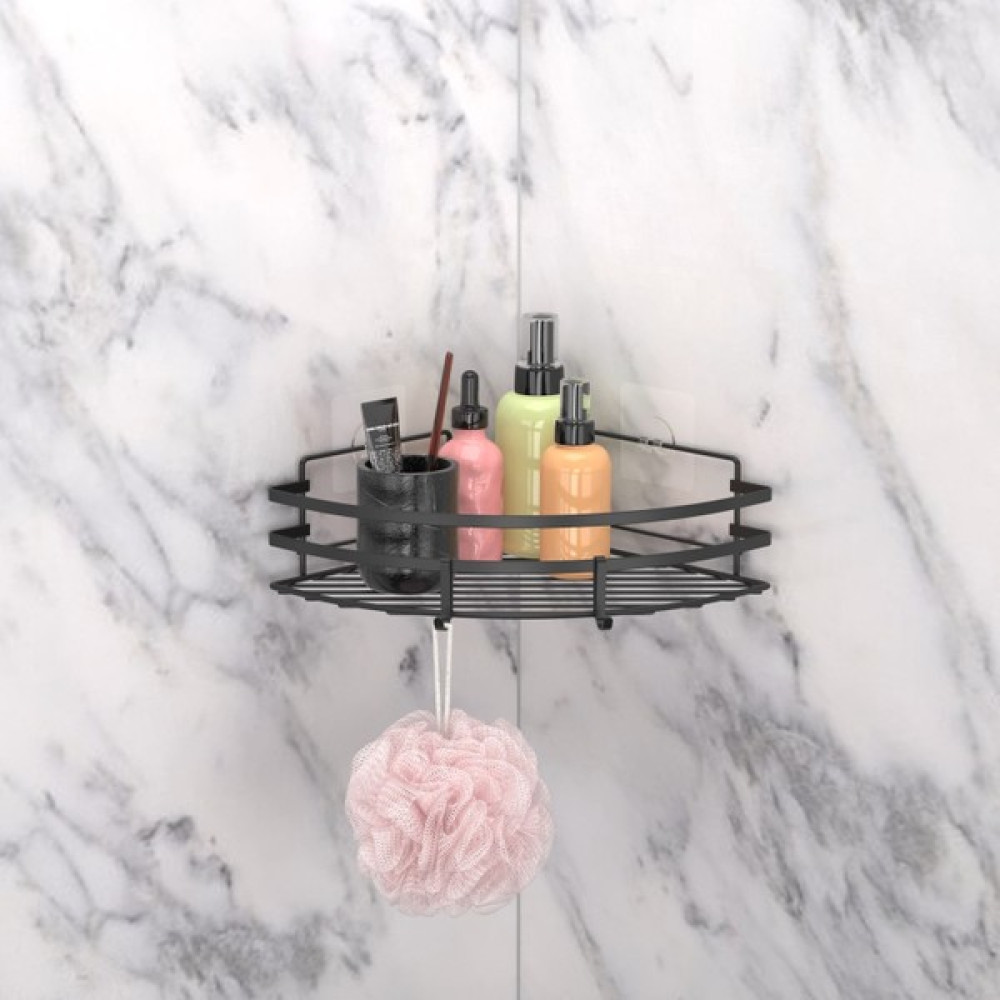 Teknotel Yapışkanlı Kancalı Banyo Köşe Rafı Mat Siyah ST107H Banyo Rafı Fiyatı