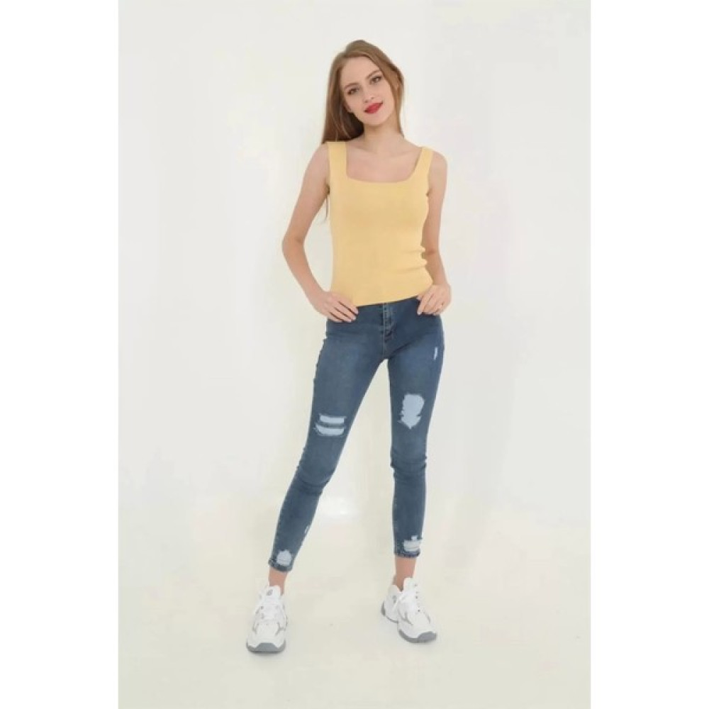 TeksAs Giyim Kadın Kalın Askılı Kare Yaka Crop - Sütlü Kahve Bayan T-shirt Fiyatı