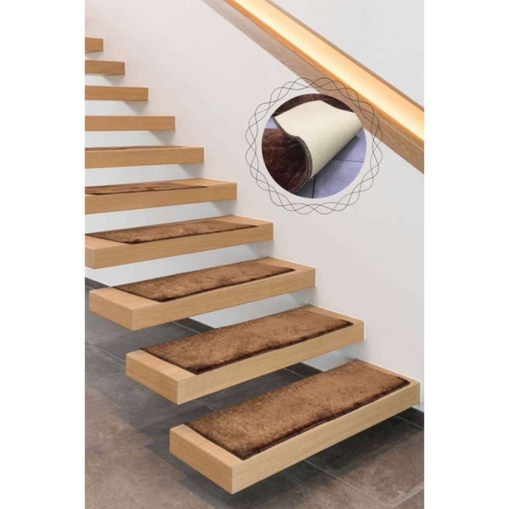 Teksev Comfort Kahve Renk (5 Adet) Merdiven Halısı Pufidik Peluş Kaymaz Deri Tabanlı Basamak Paspası - 25 x 80 cm Salon Halısı Fiyatı