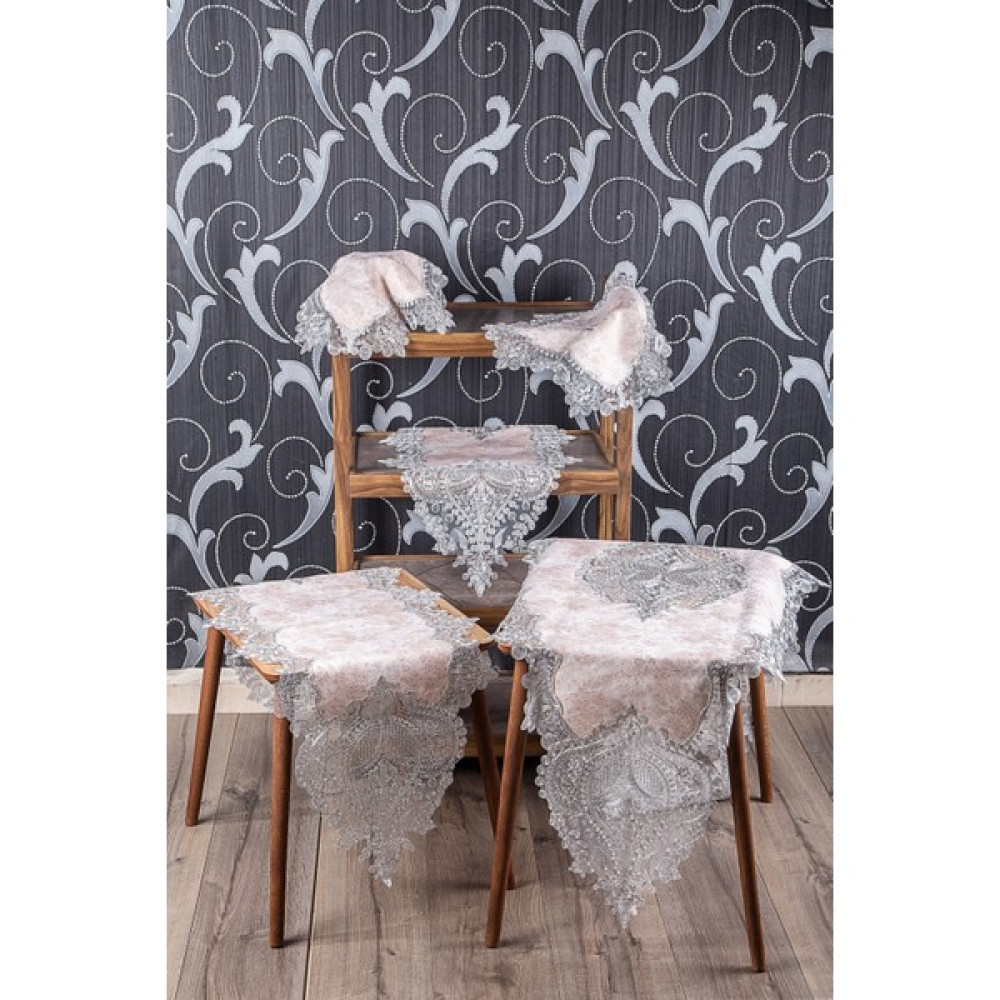 Teksev Efsun Çeyizlik Kapuçino Nubuk Kadife Üzeri Gümüş Dantelli 5 Parça Salon Takımı Masa Örtüsü Seti - 70 x 160 cm - Kahverengi Masa Örtüsü Fiyatı