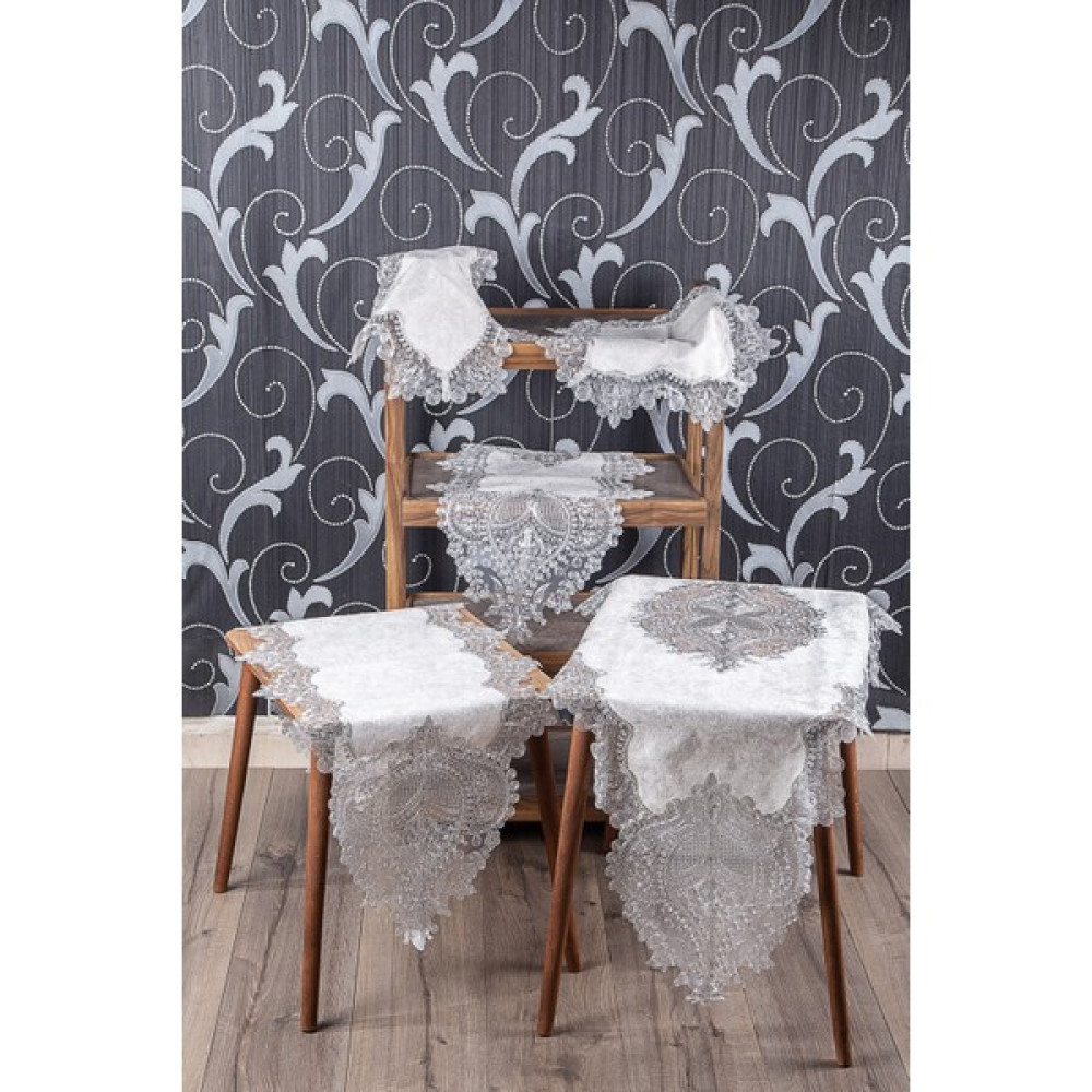 Teksev Efsun Çeyizlik Krem Kadife Üzeri Gümüş Dantelli 5 Parça Salon Takımı Masa Örtüsü Runner Seti - 70 x 160 cm Masa Örtüsü Fiyatı