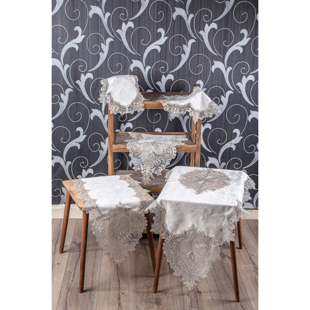 Teksev Efsun Çeyizlik Krem Kadife Üzeri Vizon Dantelli 5 Parça Salon Takımı Masa Örtüsü Runner Seti - 70 x 160 cm Masa Örtüsü Fiyatı