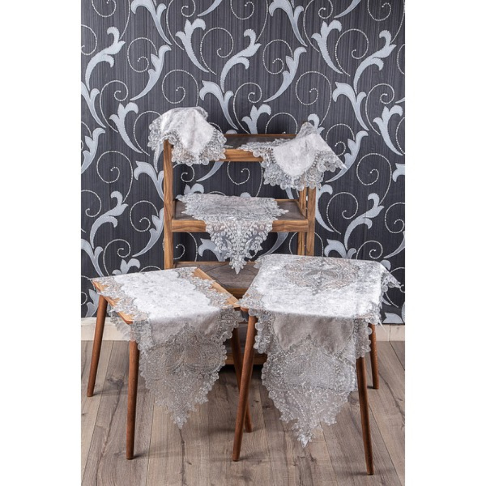 Teksev Efsun Kapuçino Kadife Üzeri Gümüş Dantelli 5 Parça Runner Seti Çeyizlik Salon Takımı Masa Örtüsü - 70 x 140 cm - Kahverengi Masa Örtüsü Fiyatı