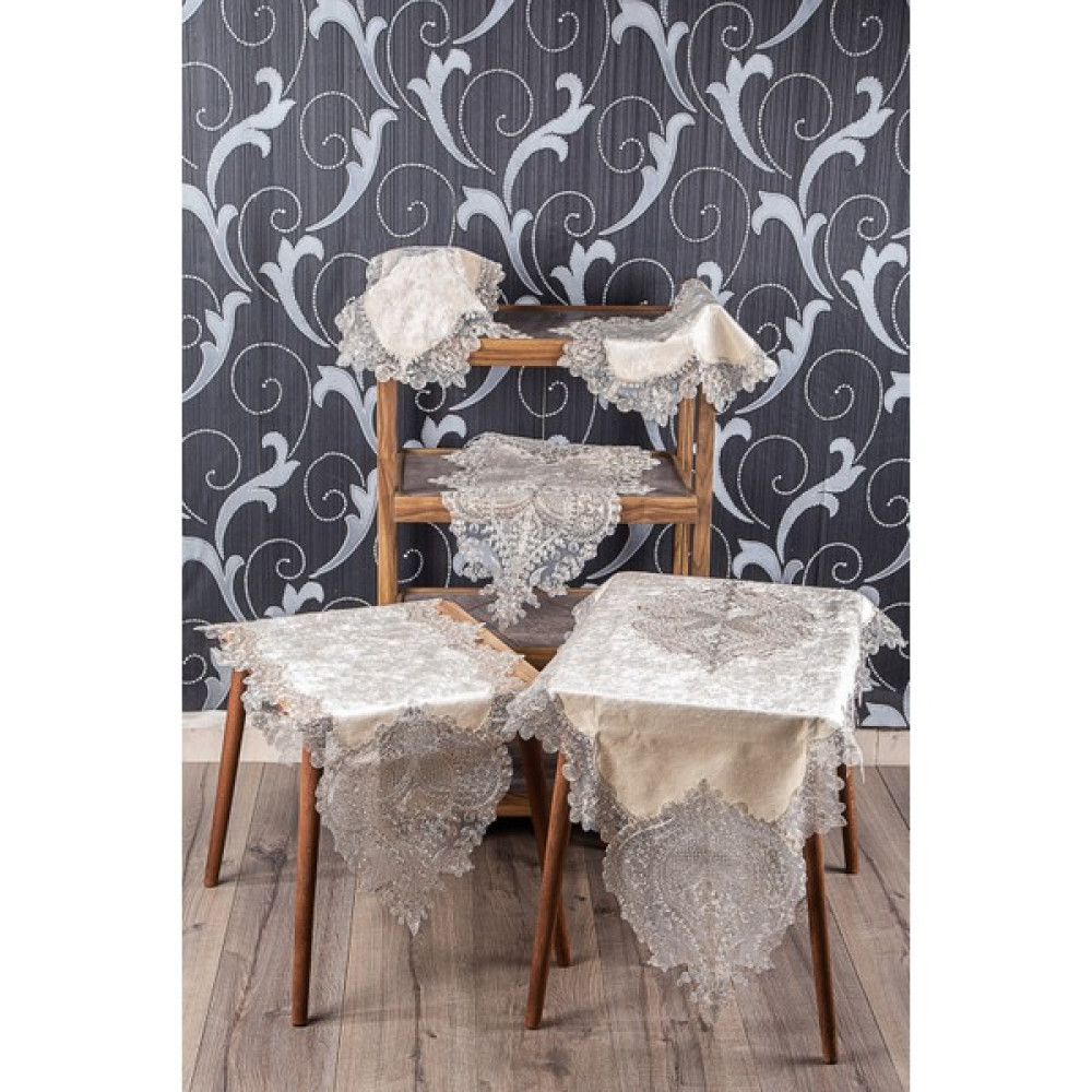 Teksev Efsun Kapuçino Kadife Üzeri Vizon Dantelli 5 Parça Runner Seti Çeyizlik Salon Takımı Masa Örtüsü - Kahverengi - 70 x 160 cm Masa Örtüsü Fiyatı