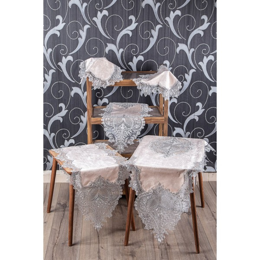 Teksev Efsun Pudra Kadife Üzeri Gümüş Dantelli 5 Parça Runner Seti Çeyizlik Salon Takımı Masa Örtüsü - 70 x 160 cm Masa Örtüsü Fiyatı