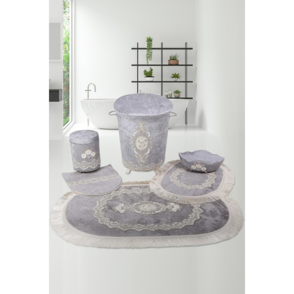 Teksev Exclusive Gri 6 Parça Çeyizlik Dantelli 3'lü Banyo Paspası & 3'lü Kirli Çamaşır Sepeti Seti Klozet Takımı Fiyatı