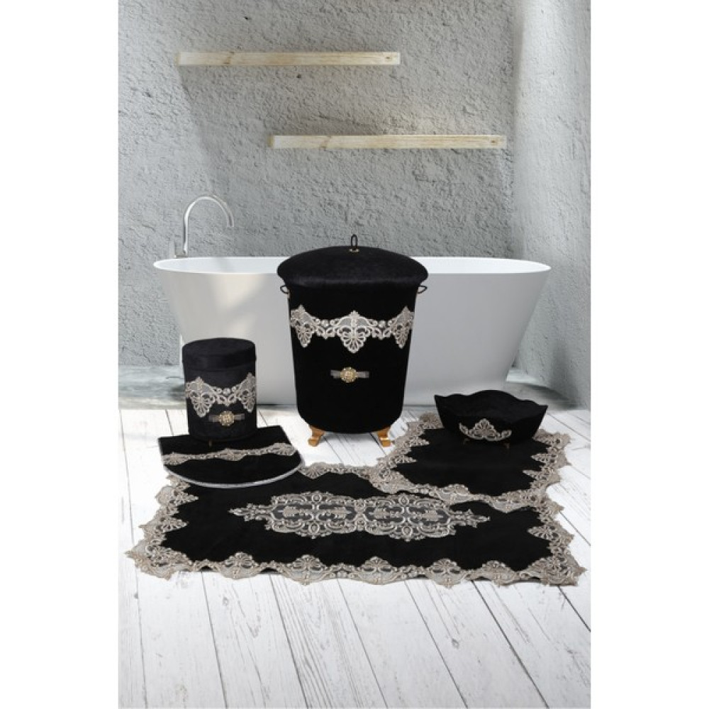 Teksev Gold Palace Siyah 6'lı Set | 3'lü Banyo Kirli Çamaşır Sepeti & 3'lü Banyo Paspası Seti Sepet Fiyatı