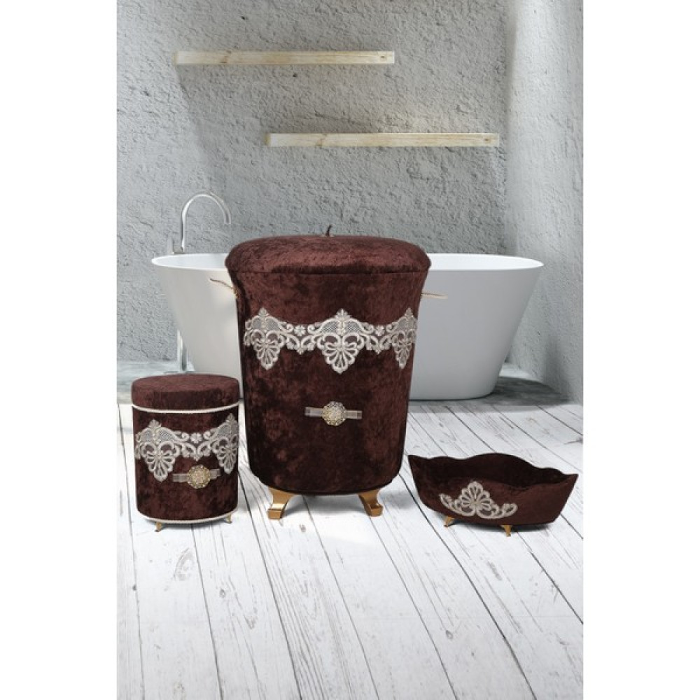 Teksev Golden Kahve 3'lü Kadife Çeyizlik Dantelli Banyo Kirli Çamaşır Sepeti Seti Banyo Seti Banyo Aksesuarları Fiyatı