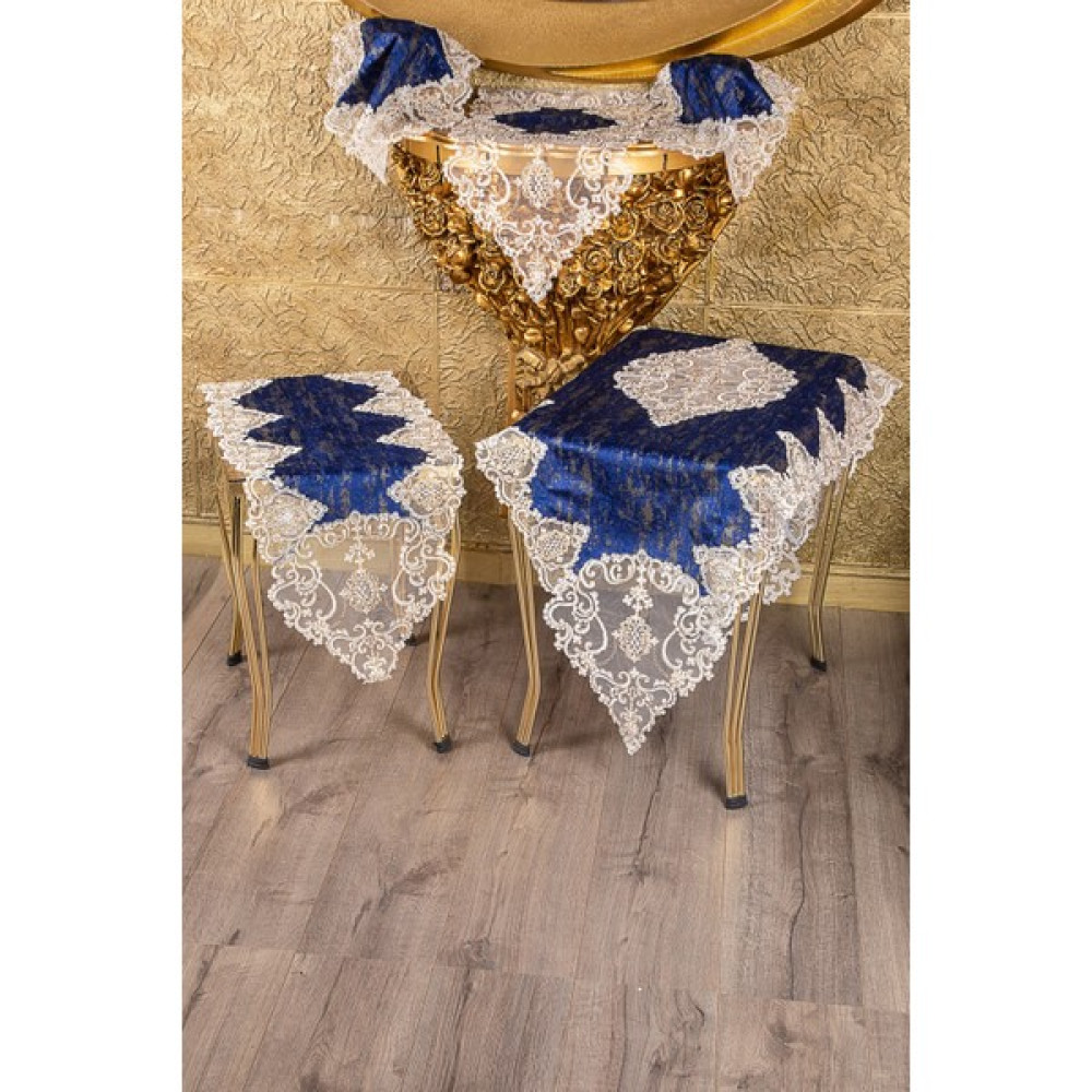 Teksev Hürrem 5 Parça Çeyizlik Mavi Gardenya Üzeri Gold Dantelli Salon Takımı Masa Örtüsü Seti - 70 x 160 cm Masa Örtüsü Fiyatı