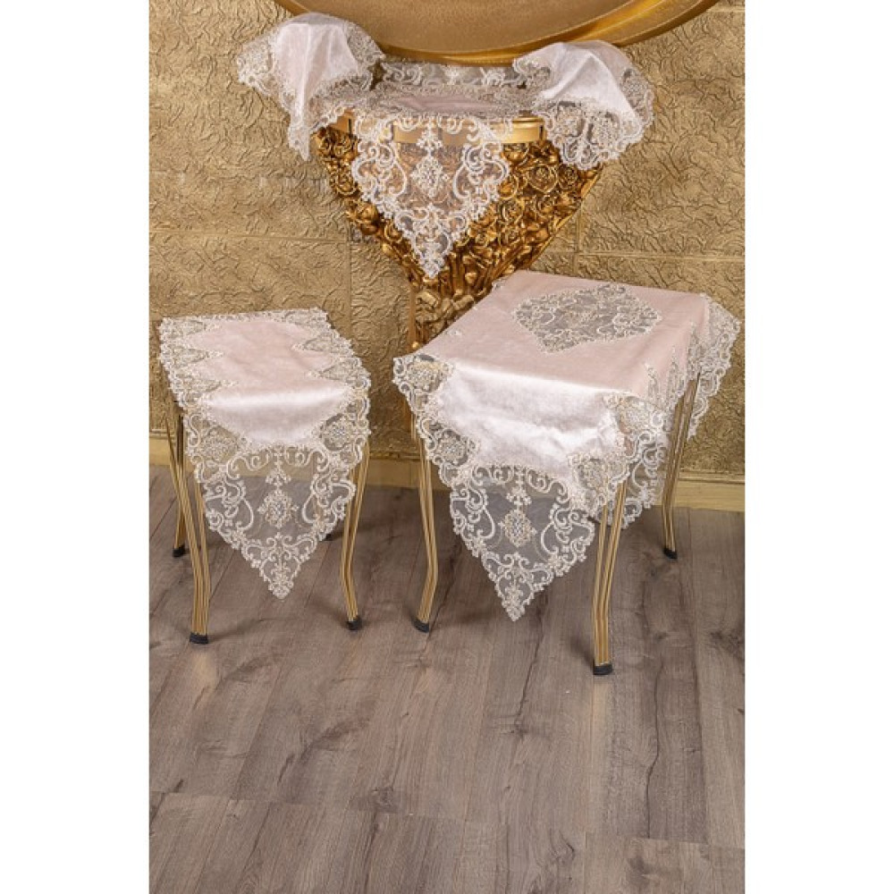 Teksev Hürrem 5 Parça Çeyizlik Pudra Kadife Üzeri Gold Dantelli Salon Takımı Masa Örtüsü Runner Seti - 70 x 160 cm Masa Örtüsü Fiyatı