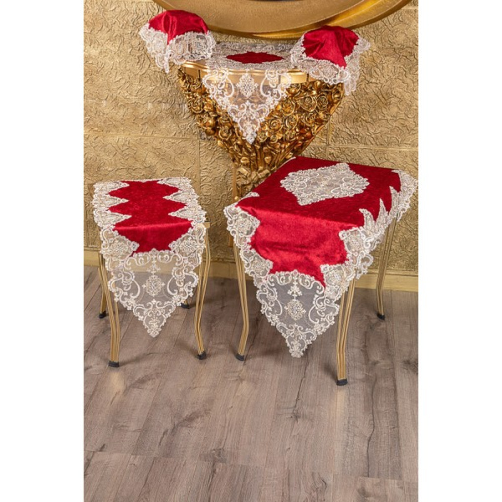 Teksev Hürrem Bordo Kadife Üzeri Gold Dantelli 5 Parça Runner Seti Çeyizlik Salon Takımı Masa Örtüsü - 70 x 160 cm Masa Örtüsü Fiyatı