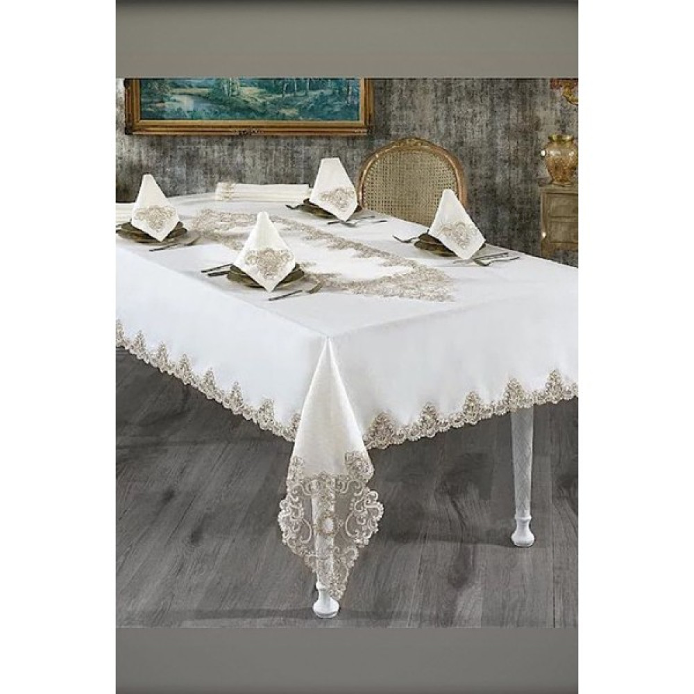 Teksev Hürrem Krem Çeyizlik Dantelli 26 Parça 12 Kişilik Yemek Masa Örtüsü Seti Runner Takımı - 160 x 220 cm Masa Örtüsü Fiyatı