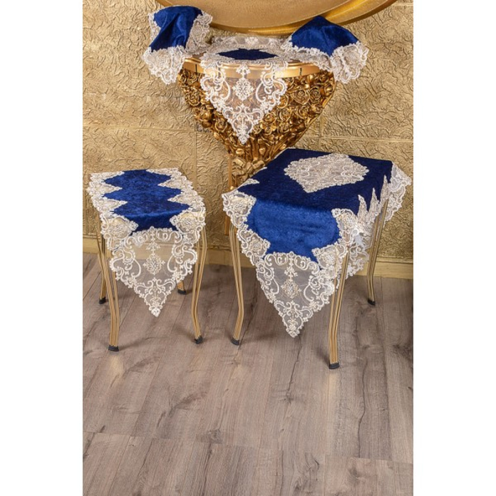 Teksev Hürrem Mavi Kadife Üzeri Gold Dantelli 5 Parça Runner Seti Çeyizlik Salon Takımı Masa Örtüsü - 70 x 160 cm Masa Örtüsü Fiyatı