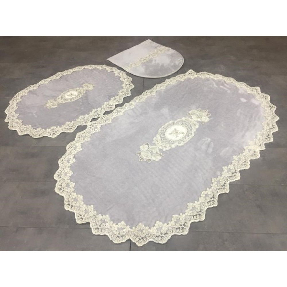 Teksev Lisa Gri Oval 3'lü Dantelli Aplikli Banyo Paspas Seti Çeyizlik Kaymaz Klozet Takımı Banyo Halısı Klozet Takımı Fiyatı
