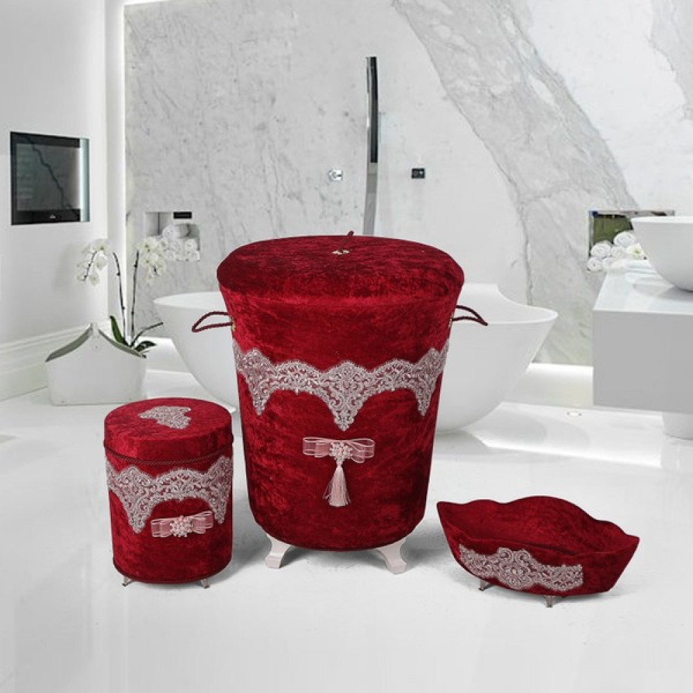 Teksev Luxury Bordo 3'lü Çeyizlik Dantelli Banyo Kirli Çamaşır Sepeti Seti | Sepet ,havluluk, Deterjanlık Sepet Fiyatı
