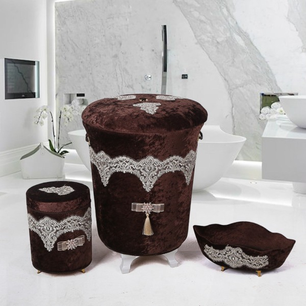 Teksev Luxury Kahve 3'lü Çeyizlik Dantelli Banyo Kirli Çamaşır Sepeti Seti | Sepet ,havluluk, Deterjanlık Sepet Fiyatı