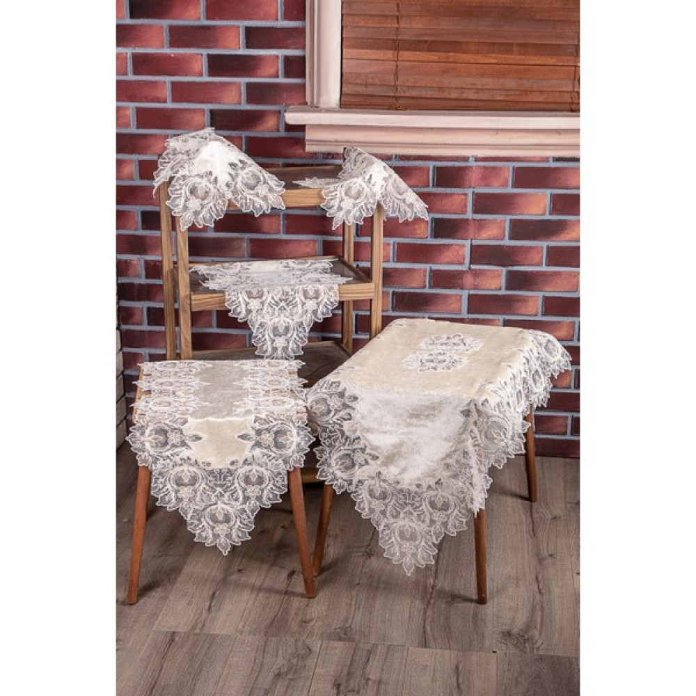 Teksev Mihrimah Kapuçino 5 Parça Çeyizlik Kadife Salon Takımı Dantelli Masa Örtüsü Runner Seti - 70 x 160 cm - Kahverengi Masa Örtüsü Fiyatı