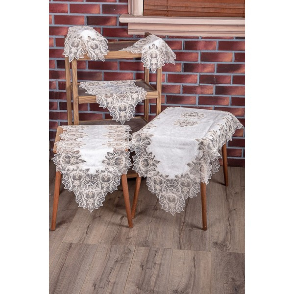 Teksev Mihrimah Krem 5 Parça Kadife Salon Takımı Çeyizlik Dantelli Masa Örtüsü Runner Seti - 70 x 160 cm Masa Örtüsü Fiyatı