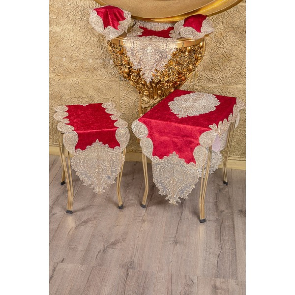 Teksev Nurbanu Bordo Kadife Üzeri Gold Dantelli 5 Parça Runner Seti Çeyizlik Salon Takımı Masa Örtüsü - 70 x 160 cm Masa Örtüsü Fiyatı