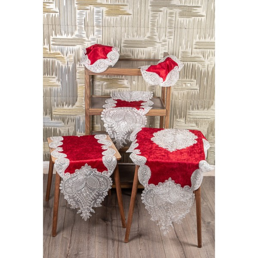 Teksev Nurbanu Bordo Kadife Üzeri Gümüş Dantelli 5 Parça Runner Seti Çeyizlik Salon Takımı Masa Örtüsü - 70 x 160 cm Masa Örtüsü Fiyatı