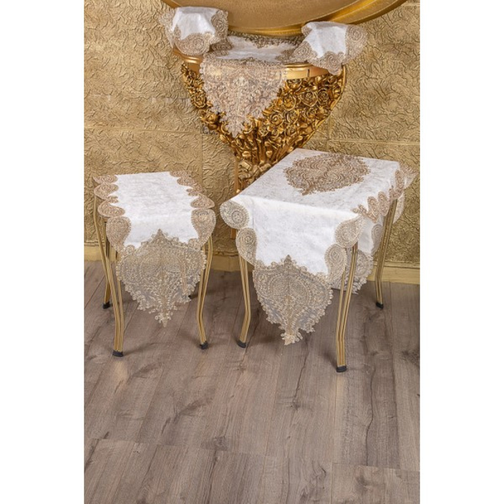 Teksev Nurbanu Çeyizlik 5 Parça Krem Kadife Üzeri Gold Dantelli Salon Takımı Masa Örtüsü Runner Seti - 70 x 160 cm Masa Örtüsü Fiyatı