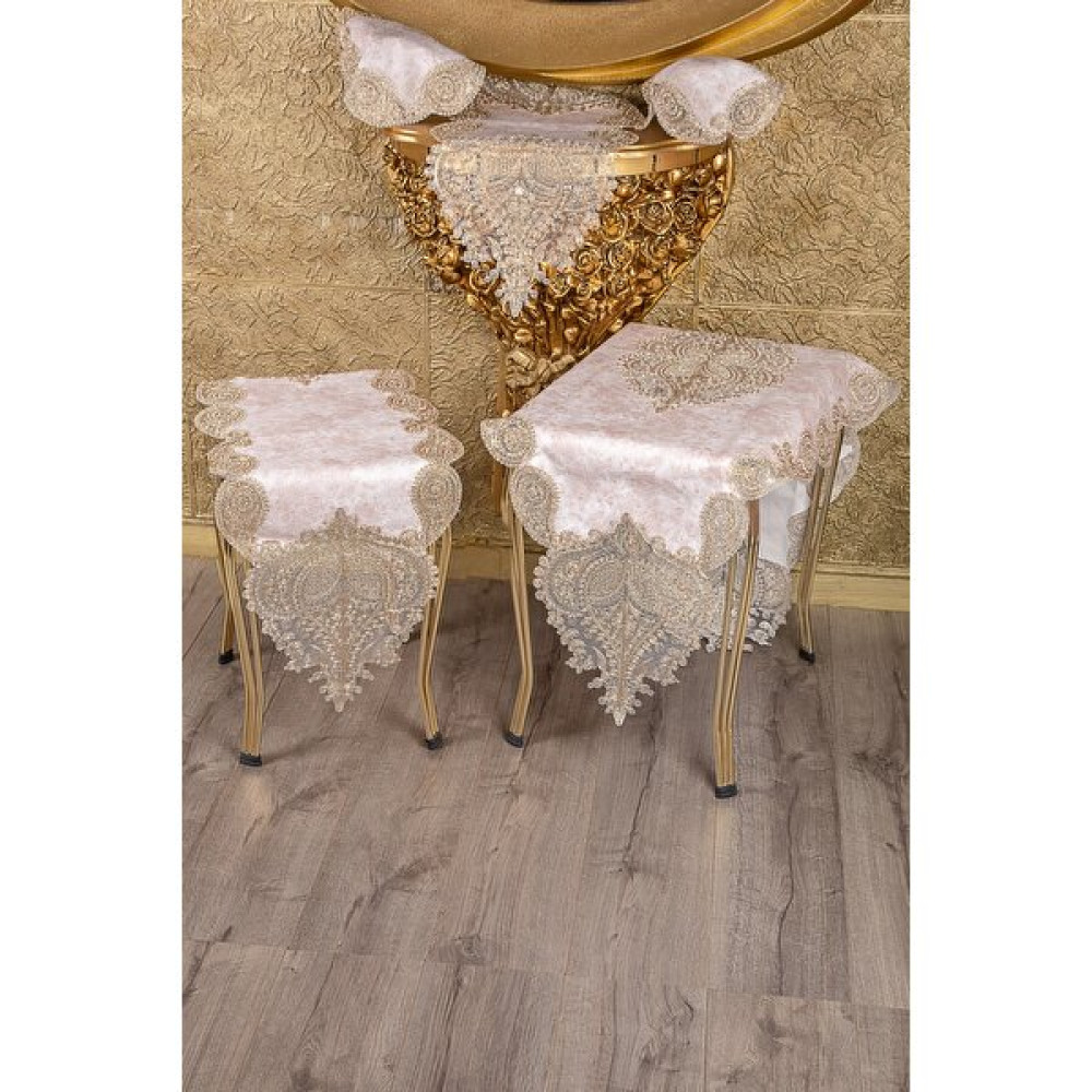 Teksev Nurbanu Çeyizlik 5 Parça Pudra Gardenya Üzeri Gold Dantelli Salon Takımı Masa Örtüsü Runner Seti - 70 x 160 cm Masa Örtüsü Fiyatı