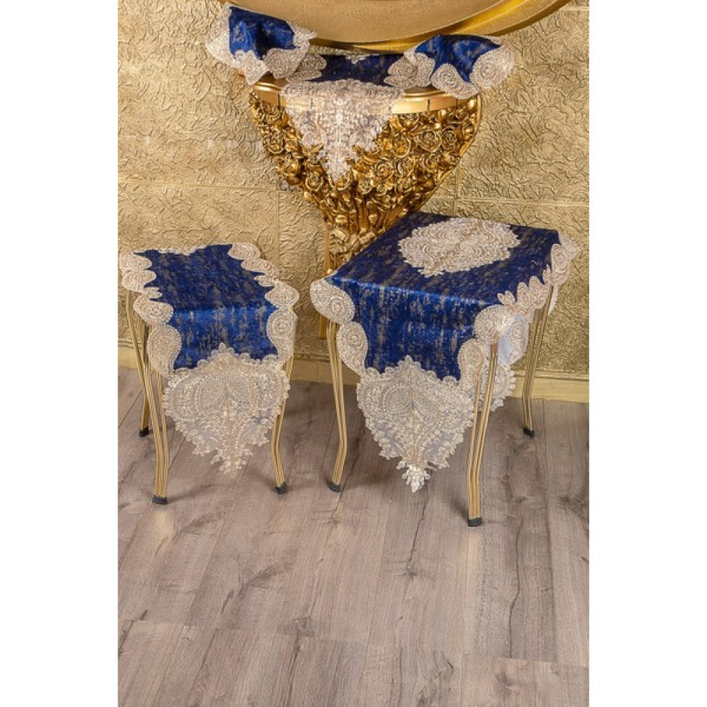 Teksev Nurbanu Mavi Gardenya Üzeri Gold Dantelli 5 Parça Runner Seti Çeyizlik Salon Takımı Masa Örtüsü - 70 x 160 cm Masa Örtüsü Fiyatı