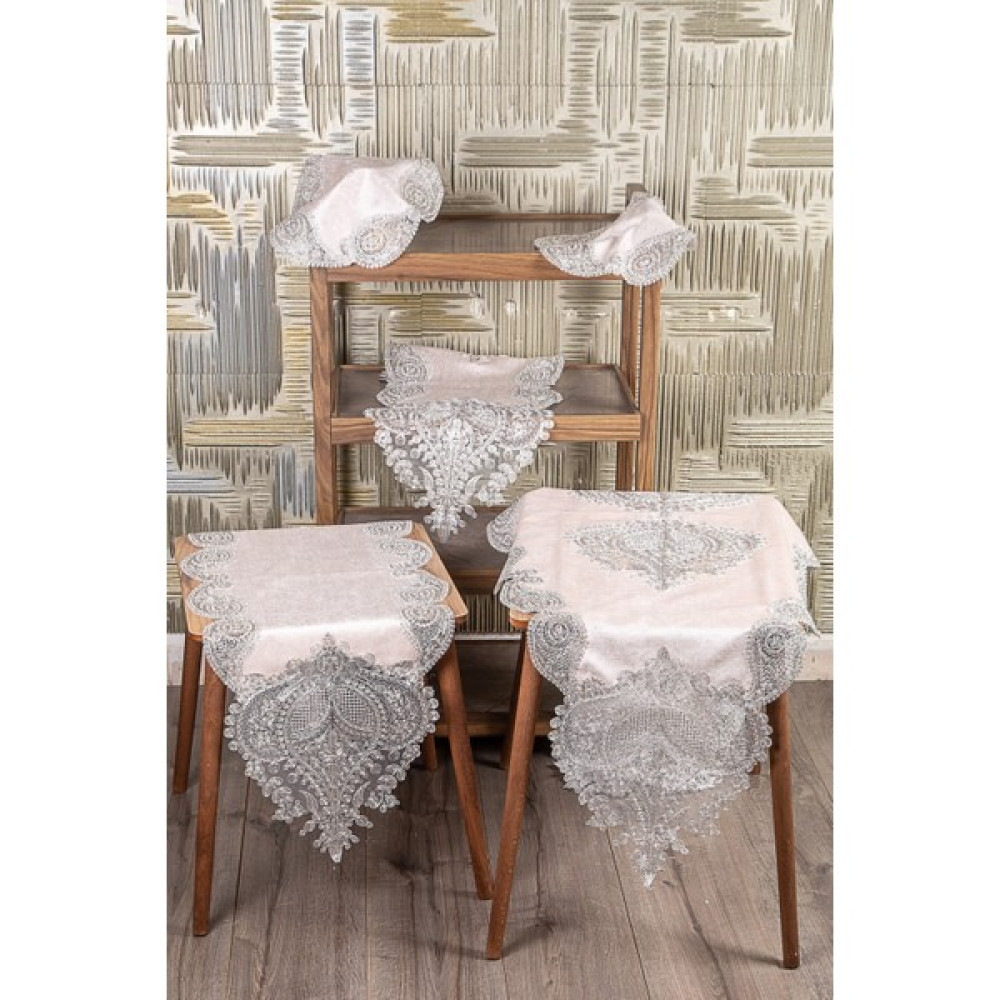 Teksev Nurbanu Pudra Kadife Üzeri Gümüş Dantelli 5 Parça Runner Seti Çeyizlik Salon Takımı Masa Örtüsü - 70 x 160 cm Masa Örtüsü Fiyatı