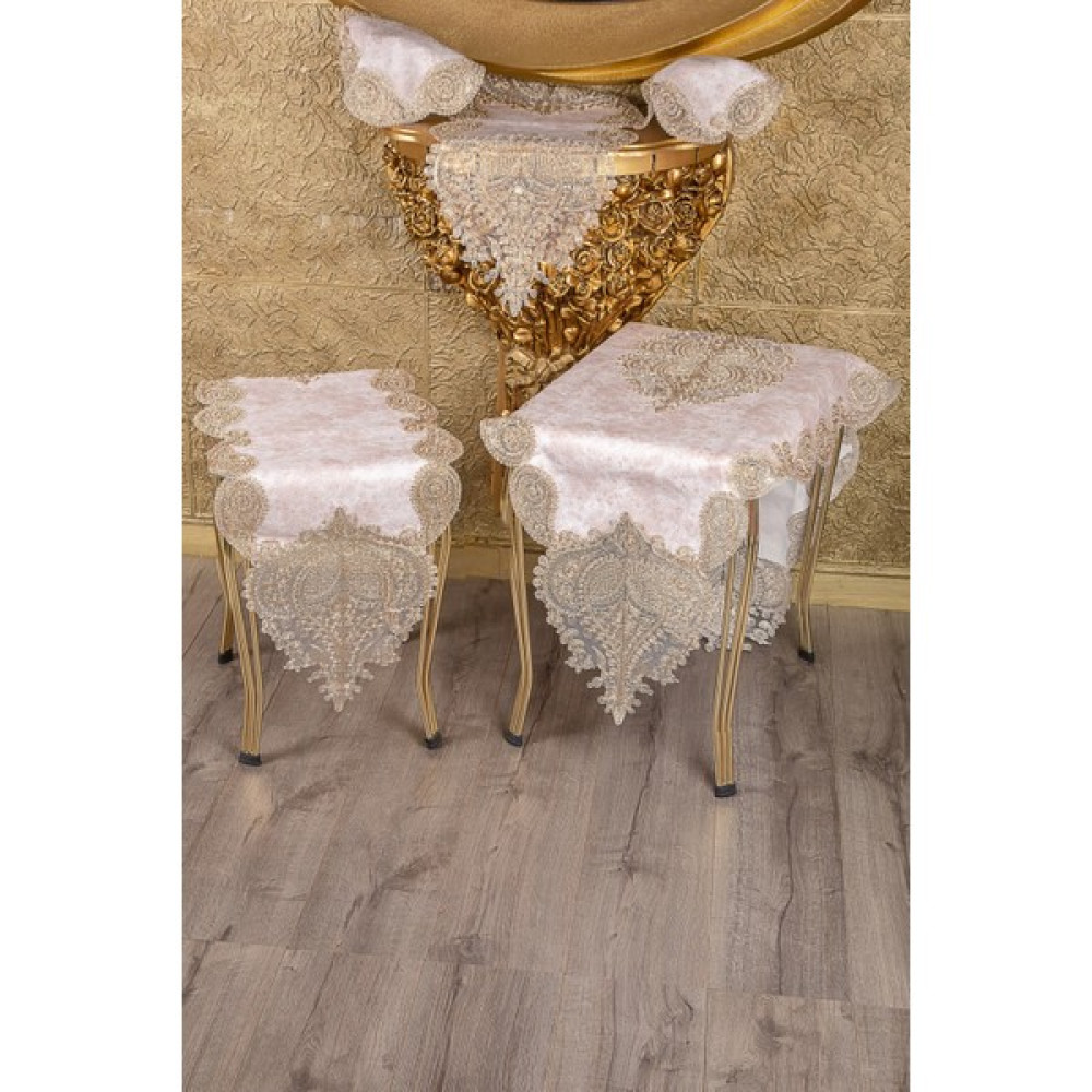 Teksev Nurbanu Pudra Nubuk Kadife Üzeri Gold Dantelli 5 Parça Runner Seti Çeyizlik Salon Takımı Masa Örtüsü - 70 x 160 cm Masa Örtüsü Fiyatı