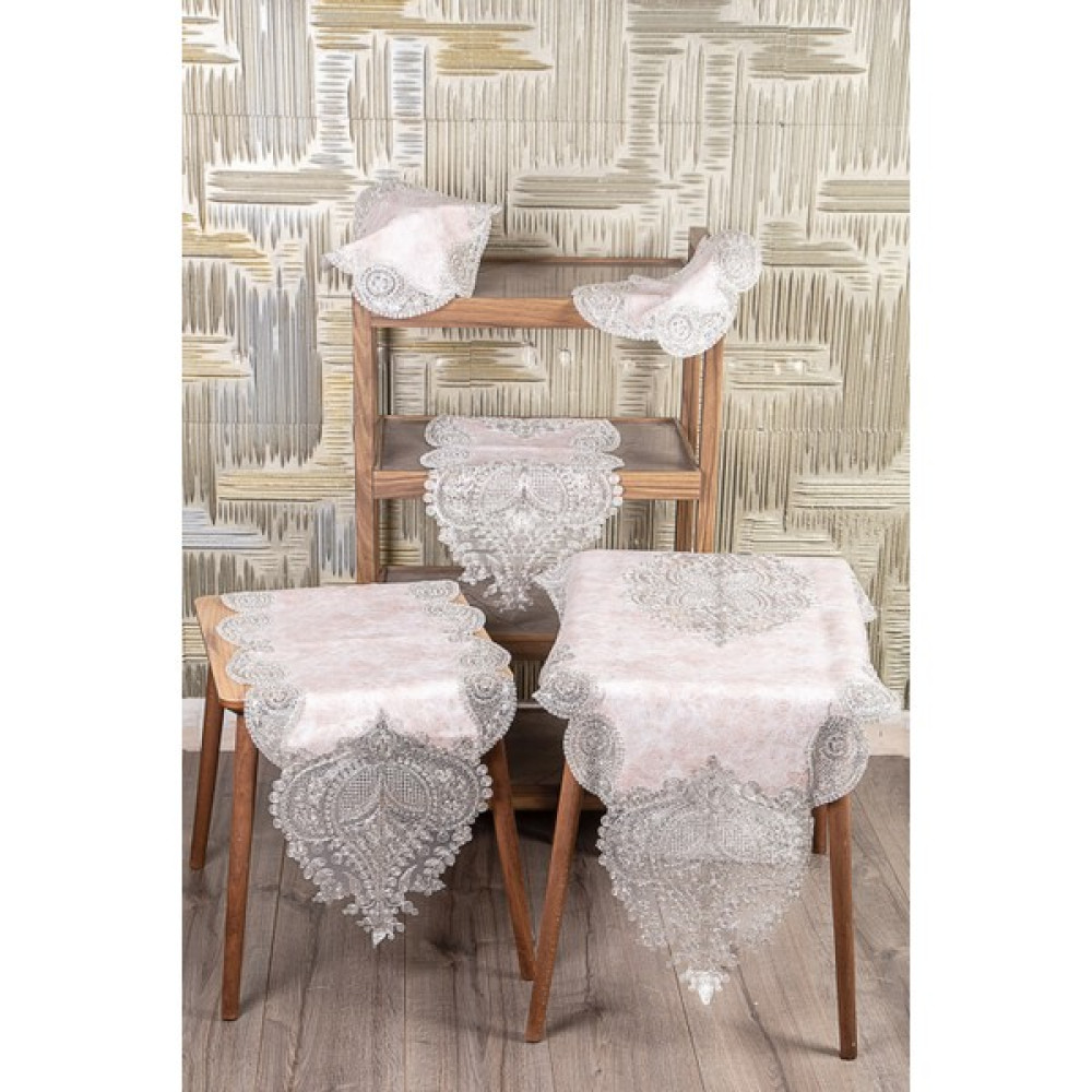 Teksev Nurbanu Pudra Nubuk Kadife Üzeri Gümüş Dantelli 5 Parça Runner Seti Salon Takımı Masa Örtüsü - 70 x 160 cm Masa Örtüsü Fiyatı