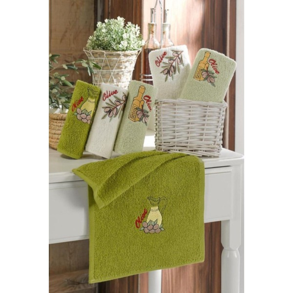 Teksev Olive Desenli Doğal Pamuklu 6'lı Nakışlı Mutfak El Havlusu Kurulama Havlusu 30 x 50 cm - Yeşil El / Yüz Havlusu Fiyatı