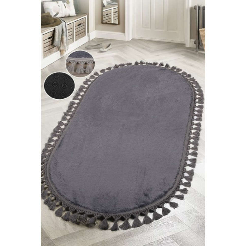 Teksev Relax Antrasit Oval Salon Oda Koridor Halısı Ponpon Saçaklı Yıkanabilir Kaymaz Taban Peluş Yolluk - 50 x 60 cm Salon Halısı Fiyatı