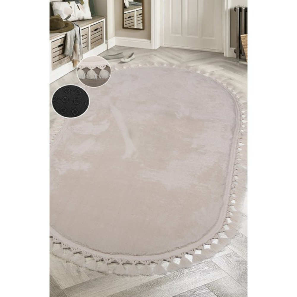 Teksev Relax Krem Oval Salon Oda Koridor Halısı Ponpon Saçaklı Yıkanabilir Kaymaz Dekoratif Peluş Yolluk - 50 x 60 cm Salon Halısı Fiyatı