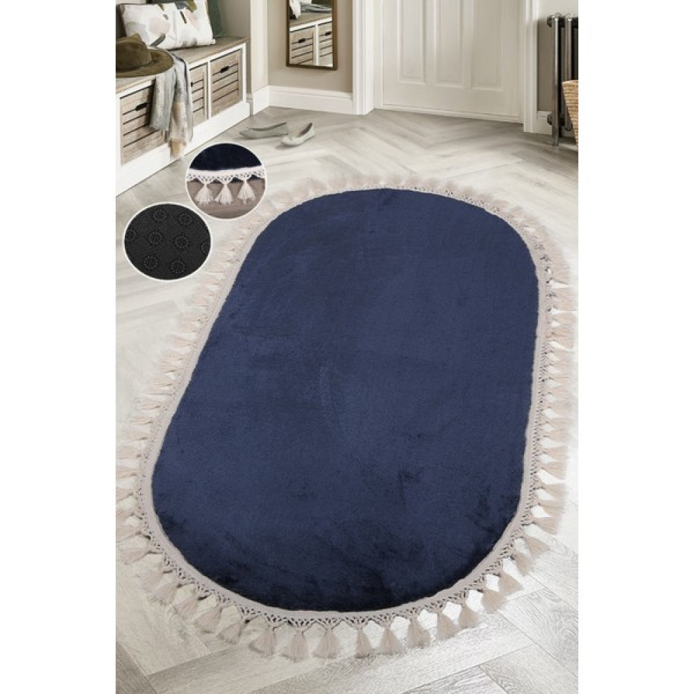 Teksev Relax Lacivert Oval Salon Oda Koridor Halısı Ponpon Saçaklı Makinede Yıkanabilir Kaymaz Peluş Yolluk - 50 x 60 cm Salon Halısı Fiyatı