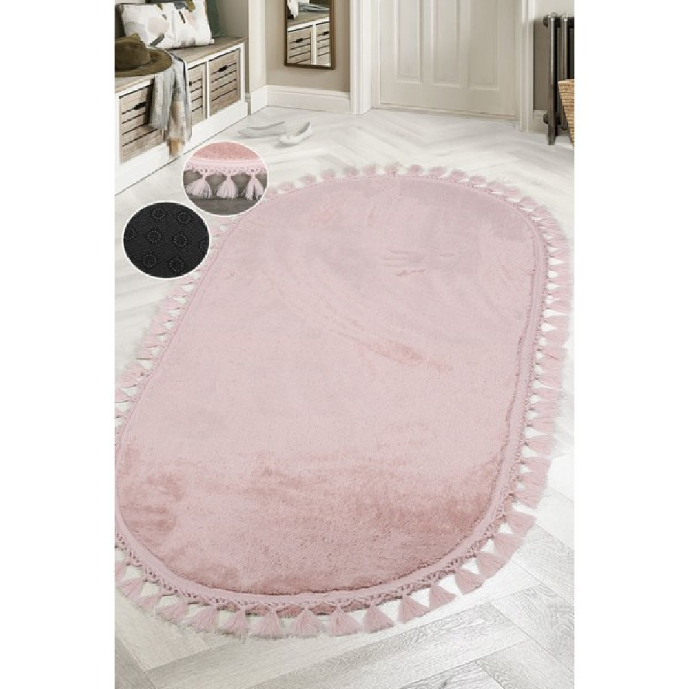 Teksev Relax Pudra Oval Salon Oda Koridor Halısı Ponpon Saçaklı Yıkanabilir Kaymaz Post Peluş Yolluk - 60 x 100 cm Salon Halısı Fiyatı