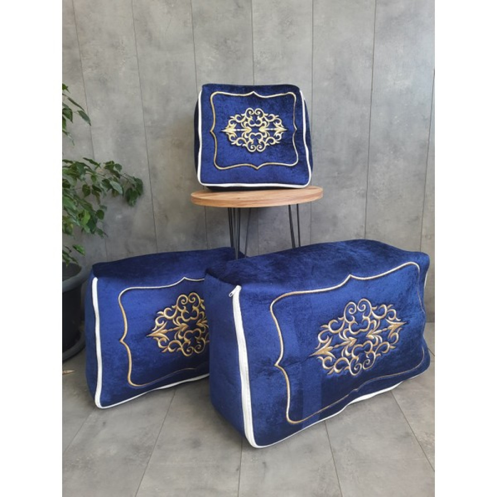 Teksev Rumeli Lacivert Üzeri Gold Nakışlı Çeyizlik 3'lü Hurç Seti, Düğün Nişan, Söz Bohça Gelin Damat Hurcu Hurç Fiyatı